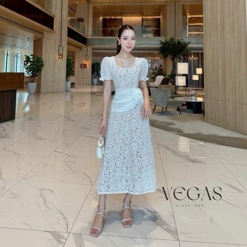 Lacey Square Neck Puff Sleeves Long Dress